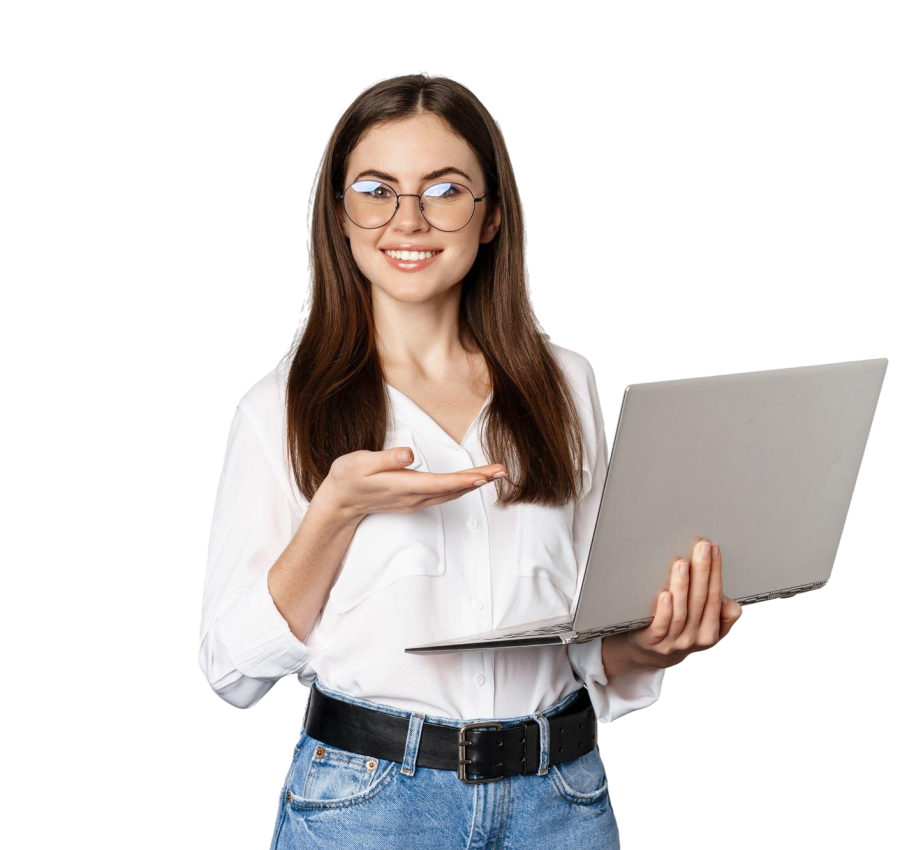 retrato-de-mulher-de-oculos-segurando-laptop-apontando-para-tela-mostrando-seu-trabalho-no-computador-em-pe